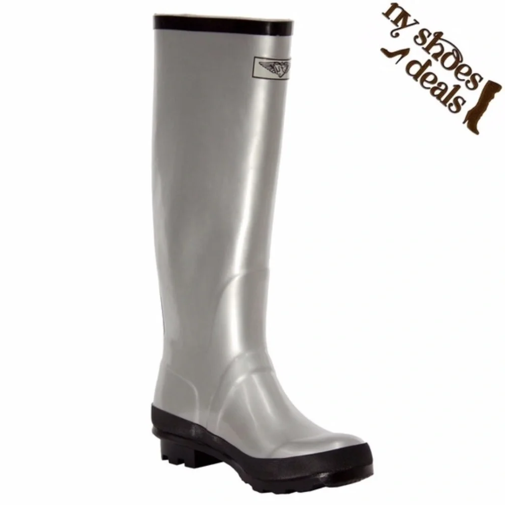 Women Rubber Rain Boots, Silver Grey Gunmetal Garden Rainboots, Size 6, NEW!